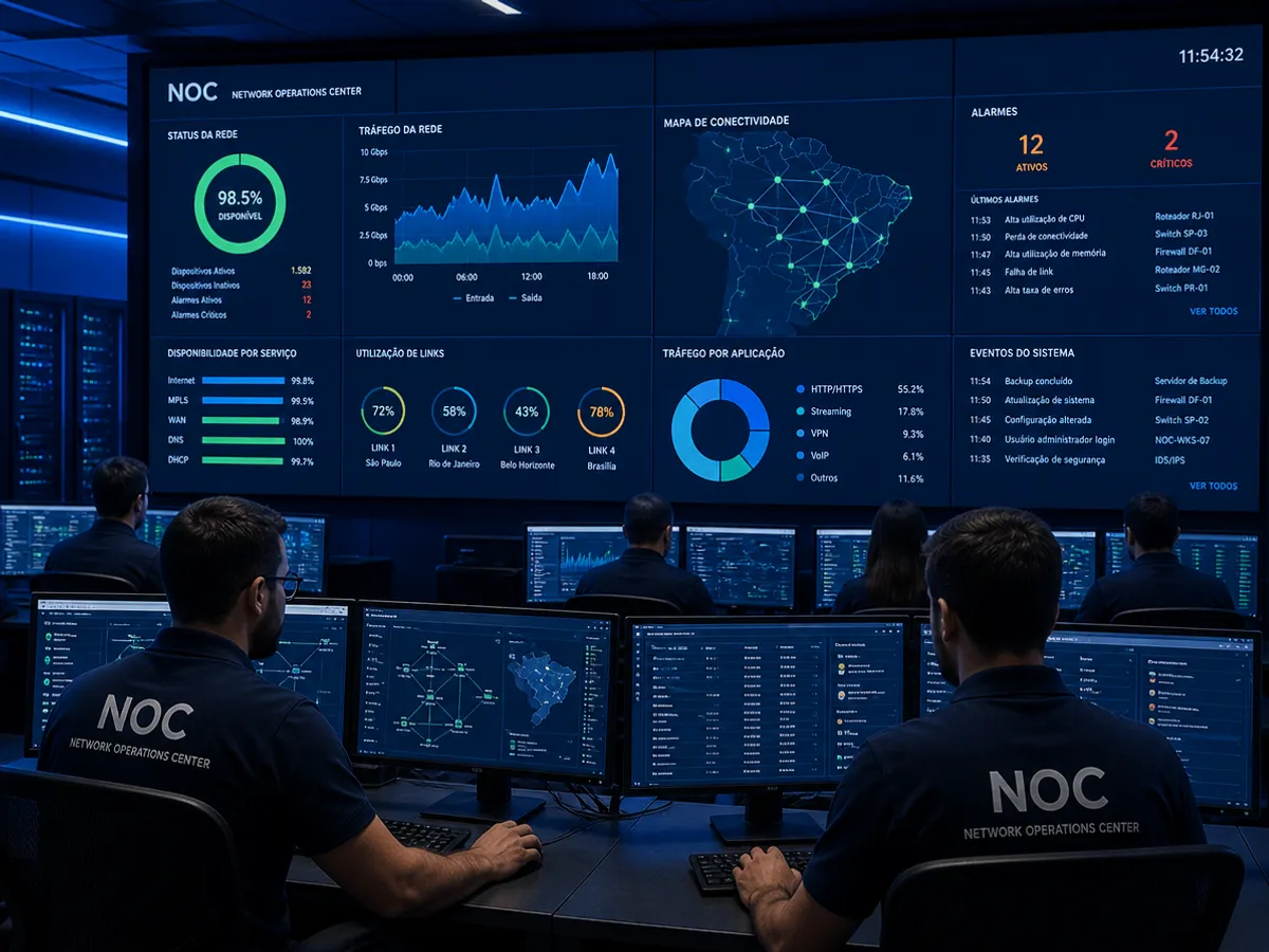 Centro de Operações de Rede da Jebnet com engenheiros monitorando telões